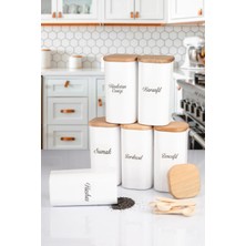 Nyl Home 6'lı Doğal Ahşap Vakumlu Kapaklı Porselen Görünümlü Akrilik Baharatlık 300ML Etiketli Kaşıkılı