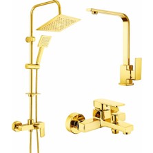 Viosa Ruby Gold Kare Altın Robot Yağmurlama Duş Seti Lavabo Eviye Banyo Bataryası 3'lü Set 5 Yıl Garantili