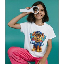 Alpşan Ticaret Paw Patrol Chase Baskılı Çocuk/yetişkin Tişörtü Beyaz Kısa Kollu