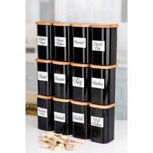 Nyl Home 12'li 250 ml Vakumlu Bambu Ahşap Kapaklı Kaşıklı Siyah Akrilik Baharatlık Seti Etiket Hediyeli