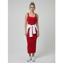 Neden Tekstil Premium Fit Kare Yaka Fitilli Triko Midi Elbise