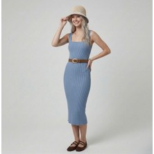 Neden Tekstil Premium Fit Kare Yaka Fitilli Triko Midi Elbise