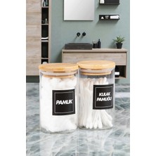 Nyl Home 2'li Bambu Vakumlu Kapaklı Kulak Pamuğu ve Pamuk Kavanozu Pamukluk Seti 250 ml