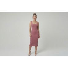Neden Tekstil Premium Fit Kare Yaka Fitilli Triko Midi Elbise