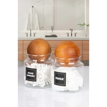 Nyl Home 2'li Ahşap Top Kapaklı Kulak Pamuğu ve Pamuk Kavanozu Cam 500 ml