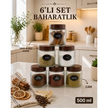 Nyl Home 6'lı Etiketli Çizgili Cam Kavanoz Baharatlık Seti – Plastik Contalı Hava Almaz Kapaklı Baharatlık Saklama Kabı 6 x 500 ml