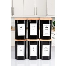 Nyl Home 6'lı Doğal Ahşap Vakumlu Kapaklı Siyah Model Akrilik Baharatlık 300ML Etiketli