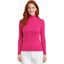 Neden Tekstil Fuşya Yarım Balıkçı Yaka Polyester Karışımlı Fitilli Kazak