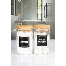Nyl Home 2'li Bambu Vakumlu Kapaklı Kulak Pamuğu ve Pamuk Kavanozu Borosilikat Cam 250 ml