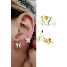 Ose Shop Zirkon Taş Detaylı Beyaz Mineli 925ayar gümüş üzerine altın kaplama Kelebek Figürlü Küpe