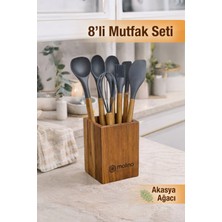 Nyl Home 8 Parça Mutfak Seti – Akasya Saplı Silikon Kepçe & Spatula & Çırpıcı Seti - Tezgah Üstü Kaşıklık Gri