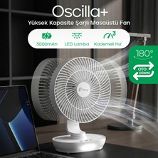 Feny Oscilla 8 Inç 180° Döner Başlıklı Masaüstü Vantilatör 3000MAH Şarjlı LCD Lambalı 3 Hız Kademeli Fan Soğutucu