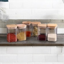 Nyl Home 6 Adet Kare Ahşap Vakumlu Kapaklı Akrilik Baharatlık Seti 300 ml Etiket Hediyeli