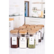 Nyl Home 12 Li Kare Ahşap Vakumlu Kapaklı Akrilik Baharatlık Seti 300 ml Etiket Hediyeli