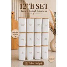 Nyl Home 12'li 300 ml Vakumlu Bambu Ahşap Kapaklı Porselen Görünümlü Akrilik Baharatlık Etiket Hediyeli