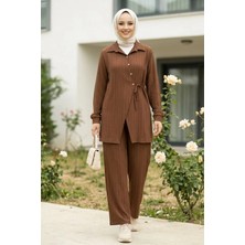 Harma Time Butik Kadın Düğmeli Kuşaklı  Çilek Kumaş Tunik Pantolon Kahverengi  Ikili Takım