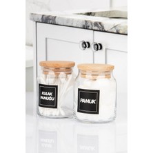 Nyl Home 2li Ahşap Vakumlu Kapaklı Kulak Pamuğu ve Pamuk Kavanozu Pamukluk 300 ml