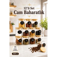 Nyl Home 12'li Çizgili Cam Baharatlık Seti - Etiket Hediyeli Ahşap Kapaklı Organizer Baharat Saklama Kabı Çerezlik 350ML