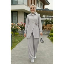 Harma Time Butik Kadın Düğmeli Kuşaklı  Çilek Kumaş Tunik Pantolon Gri Ikili Takım