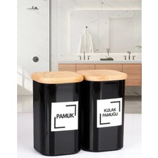 Nyl Home 4'lü Doğal Ahşap Vakumlu Kapaklı Siyah Model Akrilik Pamuk Kulak Pamuğu Makyaj Pamuğu Diş Ipi Seti