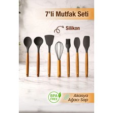 Nyl Home 7'li Servis Seti - Akasya Saplı Isıya Dayanıklı Silikon Kaşık Kepçe Spatula Çırpıcı Mutfak Gereçleri