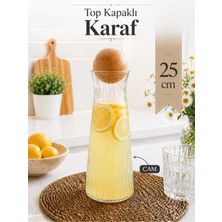 Nyl Home Dekoratif Top Kapaklı Cam Karaf - Modern Çizgili Cam Sürahi Sunumluk Meşrubat Şerbetlik 25 cm