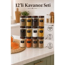 Nyl Home 12'li Etiketli Çizgili Cam Kavanoz Seti – Plastik Contalı Hava Almaz Kapaklı Erzak Bakliyat Saklama Kabı 12 x 1 L
