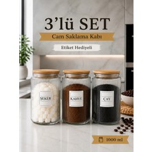 Nyl Home 3'lü Ahşap Vakumlu Kapaklı Çay Şeker Kahve Tuz Kavanozu Cam 1000 ml