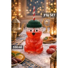Nyl Home 3'lü Barista Ayıcık Tasarım Cam Pipetli Soğuk Içecek Kahve Bardağı - Yeşil Şapkalı Bear Bardak 550ML