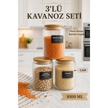 Nyl Home 3'lü Etiketli Cam Kavanoz Seti – Bambu Vakum Kapaklı Çizgili Erzak Bakliyat Saklama Kabı 3x 1 L