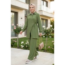Harma Time Butik Kadın Düğmeli Kuşaklı  Çilek Kumaş Tunik Pantolon Haki Ikili Takım