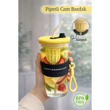Nyl Home Pipetli Borosilikat Cam Pipetli Bardak - Taşıma Kulplu Süzgeçli Tasarım Meşrubat Detoks Bardağı Sarı