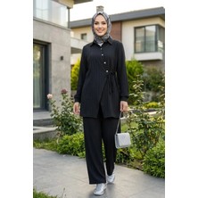 Harma Time Butik Kadın Düğmeli Kuşaklı  Çilek Kumaş Tunik Pantolon Siyah  Ikili Takım