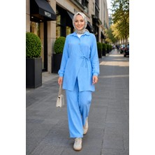 Harma Time Butik Kadın Düğmeli Kuşaklı  Çilek Kumaş Tunik Pantolon Mavi Ikili Takım
