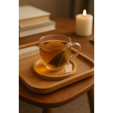 Nyl Home 6'lı Bambu Tabaklı Çay Bardağı Takımı, Çizgili Desen 6 Adet Çay Bardağı - Bambu Tabak Set 140 ml