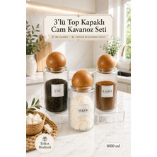 Nyl Home 3'lü Ahşap Top Kapaklı Çay Şeker Kahve Tuz Kavanozu Cam 1000 ml