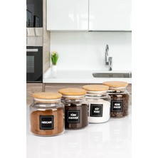 Nyl Home 4'lü Ahşap Vakumlu Kapaklı Filtre Kahve, Türk Kahvesi, Nescafe, Süt Tozu Kavanozu 600 ml Cam Kavanoz