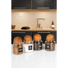 Nyl Home 4'lü Ahşap Top Kapaklı Filtre Kahve, Türk Kahvesi, Nescafe, Süt Tozu Kavanozu 600 ml Cam Kavanoz