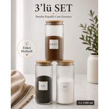 Nyl Home 3'lü Ahşap Kapaklı Etiketli Çay Şeker Kahve Cam Kavanoz Saklama Kabı 1300 ml