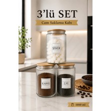 Nyl Home 3'lü Ahşap Kapaklı Etiketli Çay Şeker Kahve Cam Kavanoz Saklama Kabı 800 ml