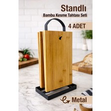 Nyl Home Bambu & Metal Standlı 4’lü Kesme Tahtası Seti - Peynir Servis Sunum Tepsi Et Sebze Doğrama Tahtası