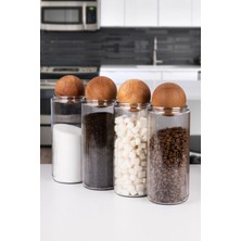 Nyl Home 4 Lü Ahşap Top Kapaklı Dekoratif Çay, Kahve, Şeker, Tuz Saklama Kavanozu 1500 ml Cam
