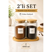 Nyl Home 2'li Ahşap Stantlı Ahşap Vakumlu Kapaklı Çay ve Kahve Kavanozu Saklama Kabı Cam 1000 ml