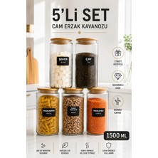 Nyl Home 5'li Dekoratif Bakliyat Kavanozu Mutfak Düzenleyici Etiketli 1300 cc Vakumlu Kapaklı Cam