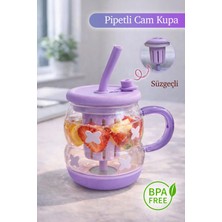 Nyl Home Süzgeçli Borosilikat Cam Kupa Bardak - Tasarım Pipetli Kapaklı Detoks Matarası