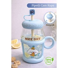 Nyl Home Pipetli Cam Kupa Bardak - Süzgeçli Borosilikat Detoks Matarası - Tasarım Kapaklı Suluk