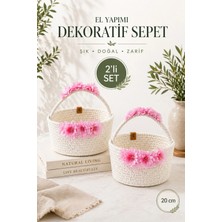 Nyl Home 2'li Set - El Yapımı Hasır Sepet Çiçekli Dekoratif Organizer Banyo Çocuk Odası Düzenleyici 20 cm