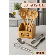 Nyl Home Bambu Bölmeli Kaşıklık - Tezgah Üstü Hazeranlı Spatula Kepçe Standı - Mutfak Düzenleyici Organizer