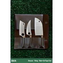 Sürmene Bıçakçı Hacı Ahmet Premium Deri Çantalı Dört Parça Ahşap Kamp, Mutfak, Gurme Şef Seti | Almazan, Viking, Nakiri 3 Parça Kamp Bıçak Seti