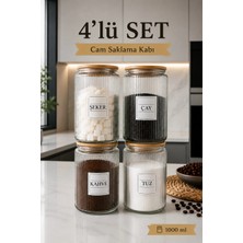 Nyl Home 4'lü Ahşap Kapaklı Etiketli Çay Şeker Kahve Tuz Cam Kavanoz Saklama Kabı 800 ml